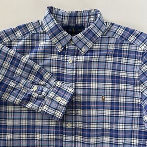 Ralph Lauren Boys Oxford Shirt Kids XL/18-20 Blue Plaid Long Sleeve Flesh Pony